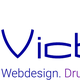 Logo van Victor met cirkel en tekst: Webdesign. Drukwerk. Huisstijl. in blauw en paars.