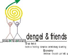 Strichfiguren heben Spirale, Text: "dengel & friends", Business- und Wirtschaftstraining.
