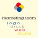 Vier bunte Kreise und Text: "marceting team, logo, druck, web, dialog".