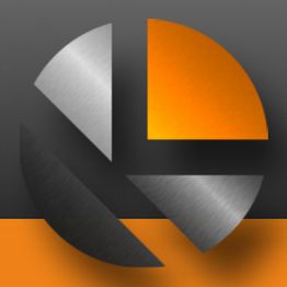 Abstraktes Logo: Viertelkreise in Silber und Orange auf grauem, schwarzem und orangem Hintergrund.