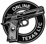 Illustration of a pistol on a circular black emblem labeled "Online Texas LTC."