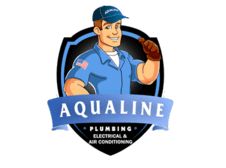 Cartoon handyman logo for Aqualine Plumbing, Electrical & Air Conditioning.