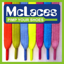 Bunte Schnürsenkel in Rot, Grün, Gelb, Blau, Pink unter dem Logo "McLaces" mit Slogan "Pimp Your Shoes".