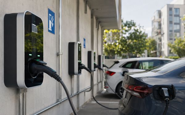 Mehrere Elektroautos laden an vernetzten Wallboxen auf den Stellplätzen eines modernen Mehrfamilienhauses mit zentraler Ladeinfrastruktur.