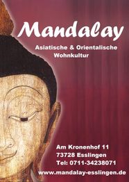 Buddha-Holzbild mit Text: "Mandalay, Asiatische & Orientalische Wohnkultur", Adresse in Esslingen.