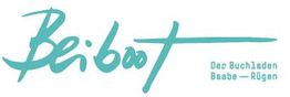 Logo mit der Aufschrift „Beiboot, Der Buchladen, Baabe – Rügen“ in türkiser Schrift.