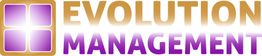Logo mit vier violetten Kästchen und dem Text "EVOLUTION MANAGEMENT" in Braun und Violett.