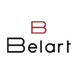 Logotipo con la letra B roja sobre la palabra "Belart" en negro. Fondo blanco.