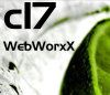 Text "cl7 WebWorxX" auf weißem Hintergrund mit einem grünen, verschwommenen Objekt.