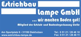 Visitenkarte der Estrichbau Lampe GmbH in blau und weiß mit Kontaktinformationen.