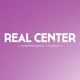 Texto blanco "REAL CENTER" en un fondo morado, con "ENTRETENIMIENTO" y "COMPRAS" debajo.