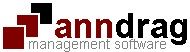 Logo mit roten und schwarzen Quadraten, Text: "anndrag management software".