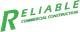 Text "Reliable Commercial Construction" in green with a large tilted "R" in the logo.