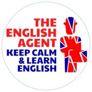 Logo mit Text: "The English Agent", "Keep Calm & Learn English", Figur in Union-Jack-Design.