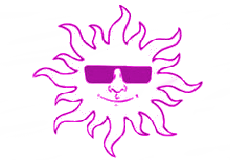 Sole stilizzato viola con occhiali da sole, sorridente su sfondo bianco.