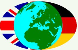 Erdkugel mit britischer und deutscher Flagge im Hintergrund.