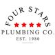 "Four Stars Plumbing Co. logo with red stars and text 'Est. 1980' on white background."