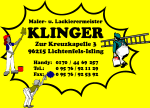Gelbes Schild mit Malern und Kontaktdaten des Malermeisters Klinger in Lichtenfels-Itzling.