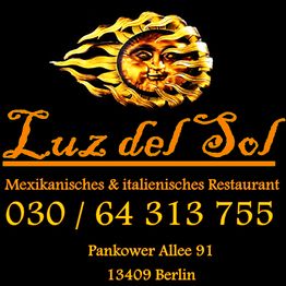 Sonnenmotiv mit Text: Luz del Sol, Restaurantadresse und Telefonnummer in Berlin.