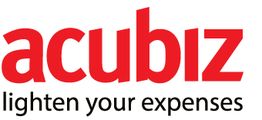 Acubiz logo med sloganet "lighten your expenses" i sort tekst på hvid baggrund.