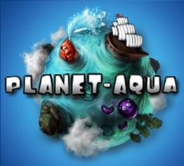 Kleiner Planet mit Meer, Wolken, einem Schiff und Schriftzug "PLANET-AQUA" in der Mitte.