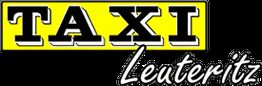 Gelbes Schild mit schwarzem "TAXI"-Text, darunter steht "Leuteritz" in kursiver Schrift.