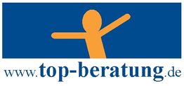 Logo mit orangener Figur auf blauem Hintergrund und Text: www.top-beratung.de.