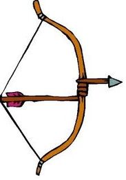 Zeichnung eines Bogens mit einem gespannten Pfeil, nach rechts zeigend.