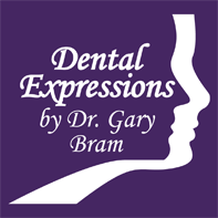 Logo of Dental Expressions by Dr. Gary Bram with stylized face profiles on a purple background.