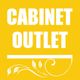 Yellow background with the words "Cabinet Outlet" and a decorative white flourish below.