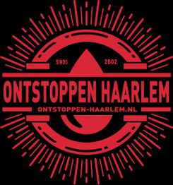 Rood embleem met tekst "Ontstoppen Haarlem", waterdruppel, en website.