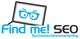 "Logo mit Bildschirm, Brille, Text: 'Find me! SEO Suchmaschinenmarketing' in Blau und Schwarz."