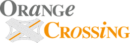Logo mit der Aufschrift "Orange Crossing" und einem stilisierten Kreuz in Grau und Orange.