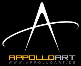 Logo von Appollo Art, großes stilisiertes "A", Website-URL darunter.