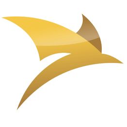 Goldenes, abstraktes Logo mit dynamischen, geschwungenen Formen auf weißem Hintergrund.