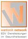 Logo mit "wantonik network", EDV-Dienstleistungen im Gesundheitswesen, in Orange und Grau.