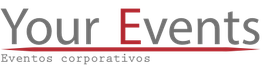 Logo que dice "Your Events" en grande y "Eventos corporativos" en pequeño, con tonos grises y rojos.