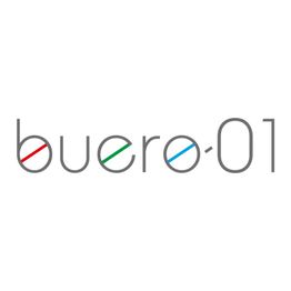 "Logo mit dem Wort 'buero·01', Buchstaben haben farbige diagonale Linien."