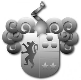 Wappen mit Löwen, Kugeln, Sternen unter Helm mit stilisierten Federn und Kugel.