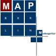 Logo mit blauen Quadraten, Buchstaben M-A-P oben; darunter BERLIN und "Medienagentur" rechts.