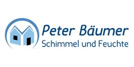 Logo von "Peter Bäumer Schimmel und Feuchte", mit zwei blauen Häusern im Vordergrund.