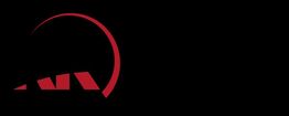 Logotipo negro con semicírculo rojo y formas geométricas en el centro.