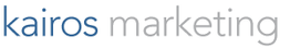 Logo mit Text "kairos marketing" in blauer und grauer Schrift.
