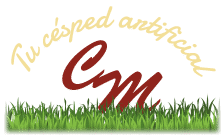 Logo con hierba artificial, texto: "Tu césped artificial CM". Letras cursivas en beige y rojo.