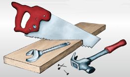 Werkzeuge: Säge, Schraubenschlüssel, Hammer, Nägel und Holzbrett auf weißem Hintergrund.