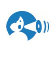 Blaues Symbol: stilisierte Person mit Projektor, Lichtstrahl und Schallwellen.