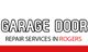 Text reads: "Garage Door Repair Services in Rogers" on white background with a red stripe below.