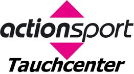 Logo mit Text: "actionsport Tauchcenter", pinkes Dreieck in der Mitte.