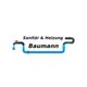 Logo mit blauem Rohr, schwarzem Wasserhahn und Text: "Sanitär & Heizung Baumann".