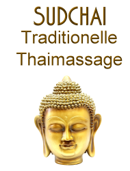 Goldene Buddha-Statue unter dem Text "SUDCHAI Traditionelle Thaimassage".